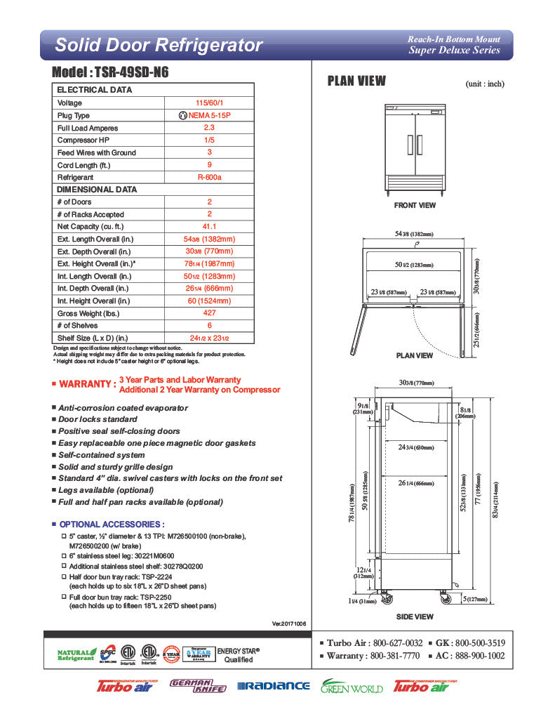 Turbo Air TSR-49SD-N6 Super Deluxe 54" Bottom Mounted Solid Door Reach-In Refrigerator with LED Lighting - Donut-Equipment.com