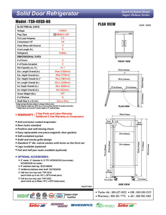 Turbo Air TSR-49SD-N6 Super Deluxe 54" Bottom Mounted Solid Door Reach-In Refrigerator with LED Lighting - Donut-Equipment.com