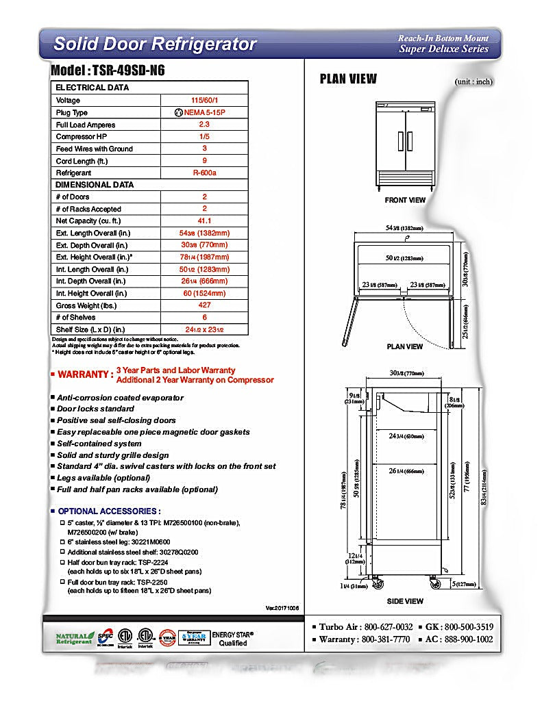 Turbo Air TSR-49SD-N6 Super Deluxe 54" Bottom Mounted Solid Door Reach-In Refrigerator with LED Lighting - Donut-Equipment.com
