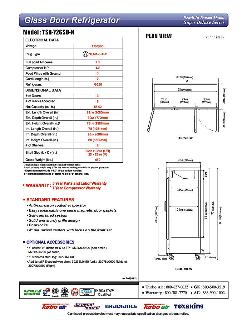 Turbo Air TSR-72GSD-N Super Deluxe 82" Glass Door Reach In Refrigerator - Donut-Equipment.com