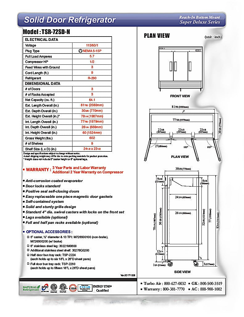 Turbo Air TSR-72SD-N Super Deluxe 82" Bottom Mounted Solid Door Reach-In Refrigerator with LED Lighting - Donut-Equipment.com