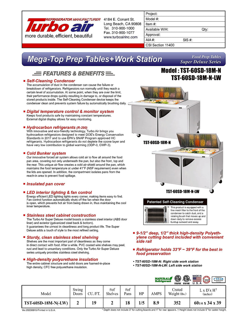 Turbo Air Super Deluxe TST-60SD-18M-N-LW 60" 2 Door Mega Top Refrigerated Sandwich Prep Table with Left Work Station - Donut-Equipment.com