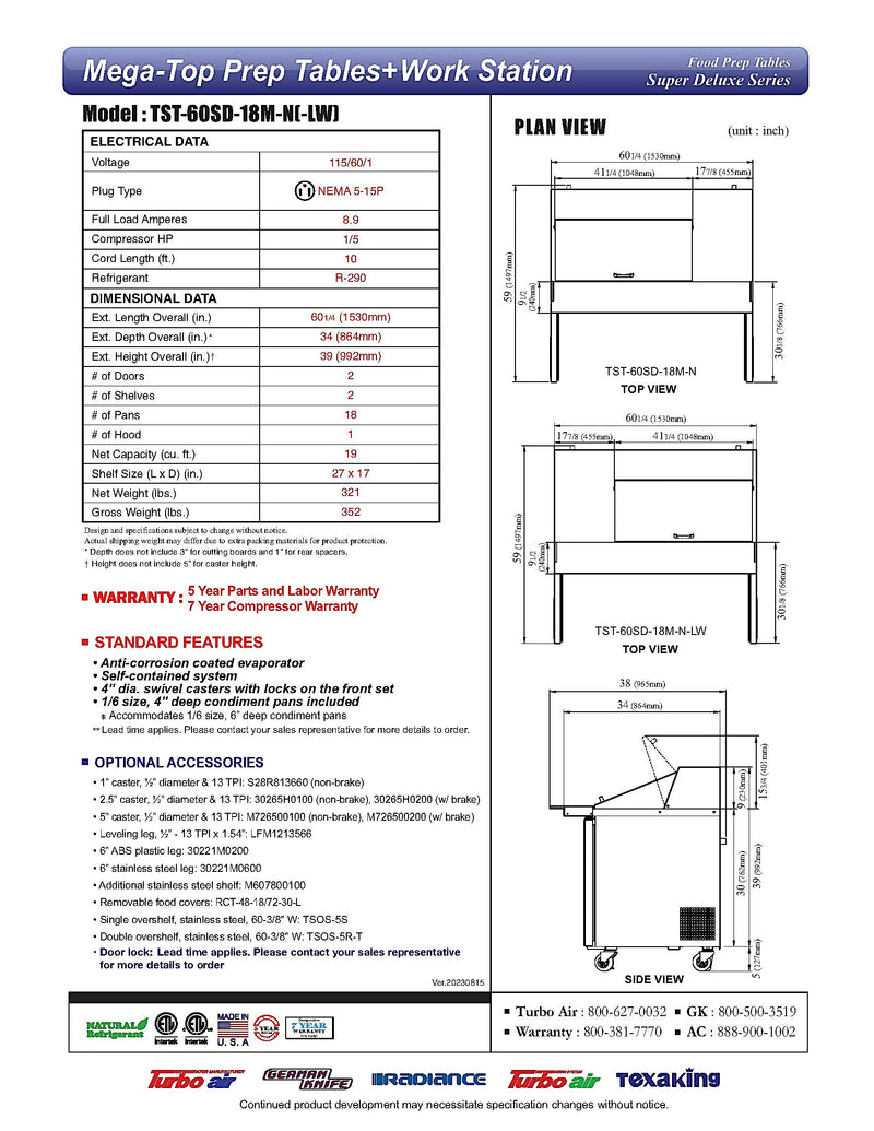 Turbo Air Super Deluxe TST-60SD-18M-N-LW 60" 2 Door Mega Top Refrigerated Sandwich Prep Table with Left Work Station - Donut-Equipment.com