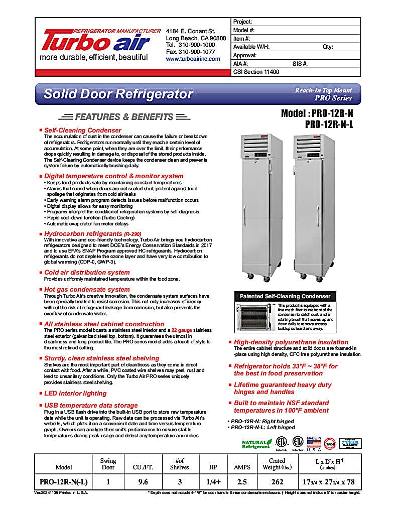 Turbo Air PRO-12R-N(-L) PRO Series Refrigerator Reach-in One-section - Donut-Equipment.com