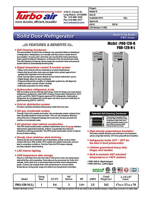 Turbo Air PRO-12R-N(-L) PRO Series Refrigerator Reach-in One-section - Donut-Equipment.com