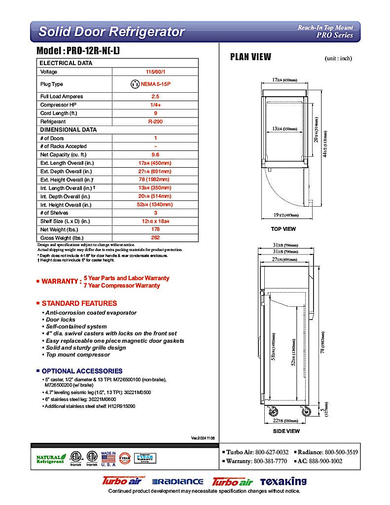 Turbo Air PRO-12R-N(-L) PRO Series Refrigerator Reach-in One-section - Donut-Equipment.com