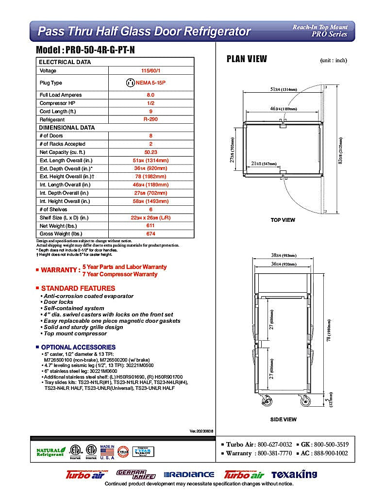 Turbo Air PRO-50-4R-G-PT-N 51 3/4" Two Section Pass Thru Refrigerator, (8) Left/Right Hinge Glass Doors, 115v - Donut-Equipment.com
