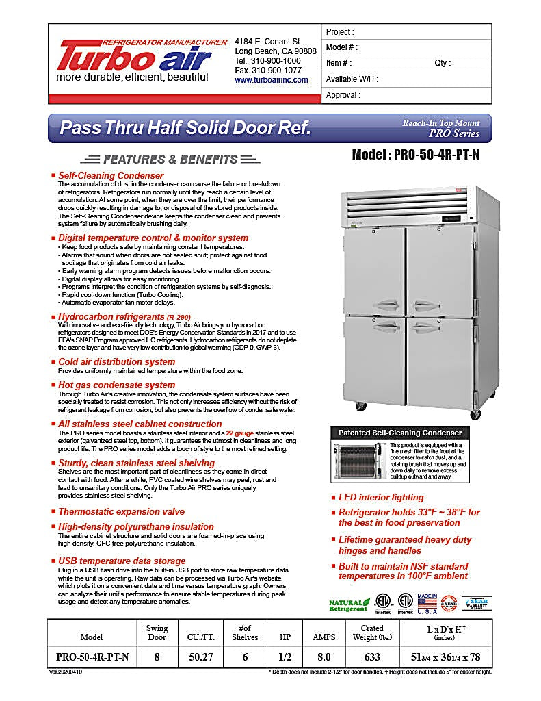 Turbo Air PRO-50-4R-PT-N Pro Series 52" Solid Half Door Pass-Through Refrigerator - Donut-Equipment.com
