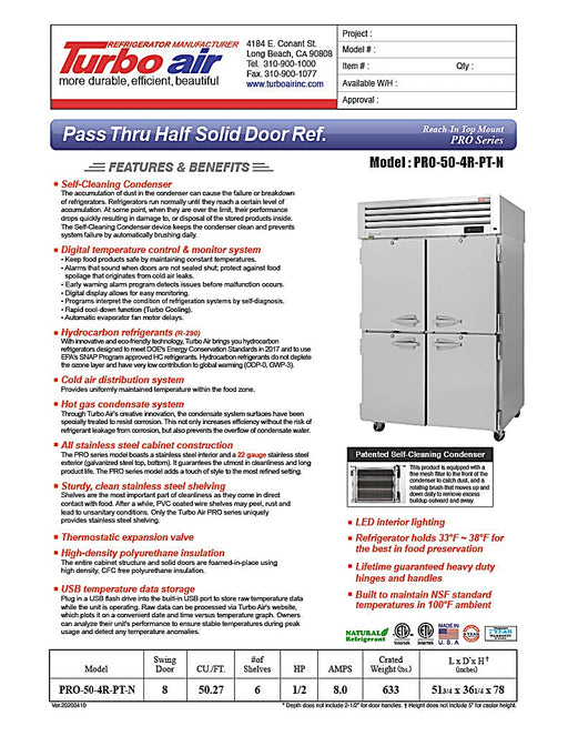 Turbo Air PRO-50-4R-PT-N Pro Series 52" Solid Half Door Pass-Through Refrigerator - Donut-Equipment.com
