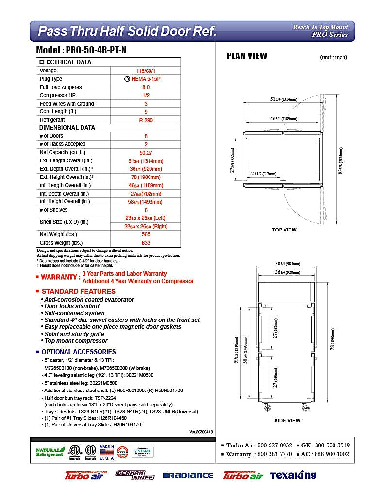 Turbo Air PRO-50-4R-PT-N Pro Series 52" Solid Half Door Pass-Through Refrigerator - Donut-Equipment.com