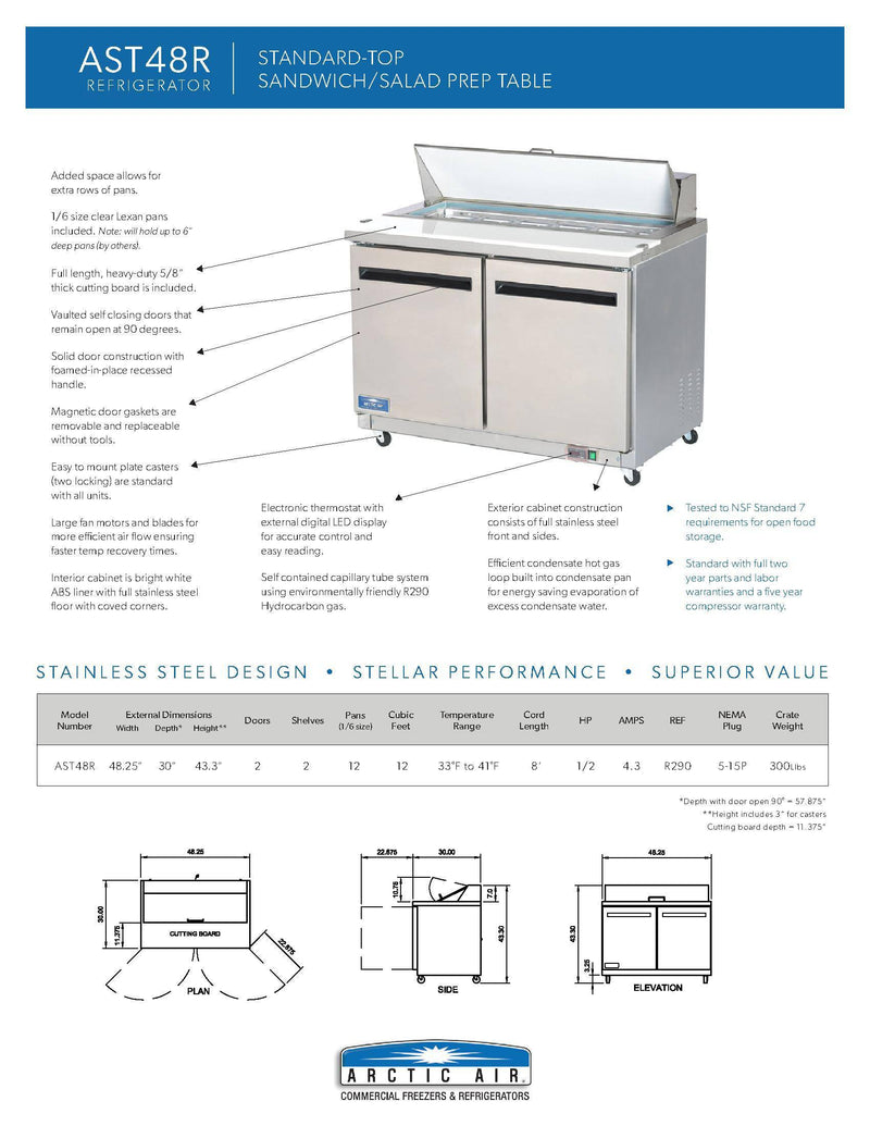 Arctic Air AST48R 48" Two Door Sandwich / Salad Prep Refrigerator Bakery Wholesalers
