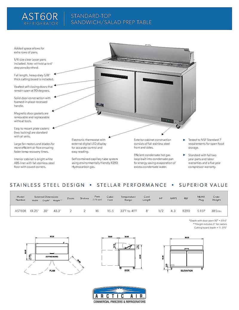 Arctic Air AST60R 60" Two Door Sandwich / Salad Prep Refrigerator Bakery Wholesalers