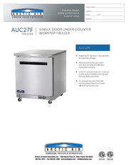 Arctic Air AUC27F 27" Single Door Undercounter Freezer Bakery Wholesalers