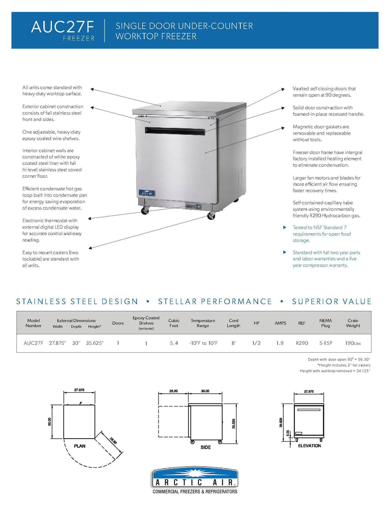 Arctic Air AUC27F 27" Single Door Undercounter Freezer Bakery Wholesalers