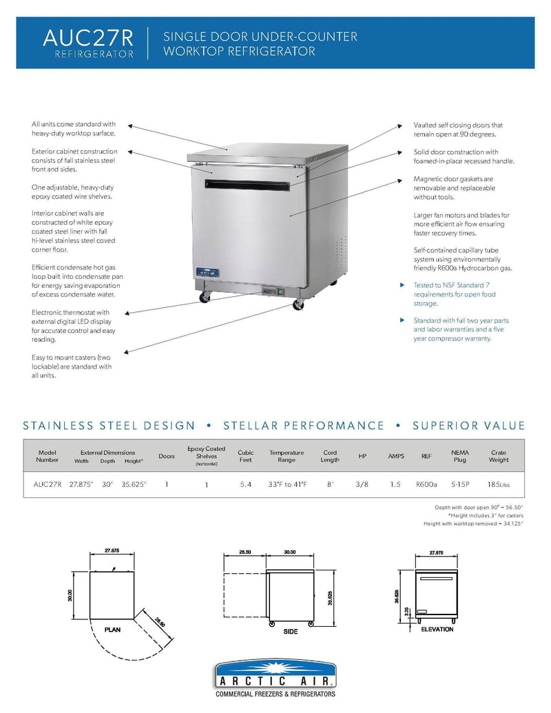 Arctic Air AUC27R 27" Under-counter Refrigerator Bakery Wholesalers