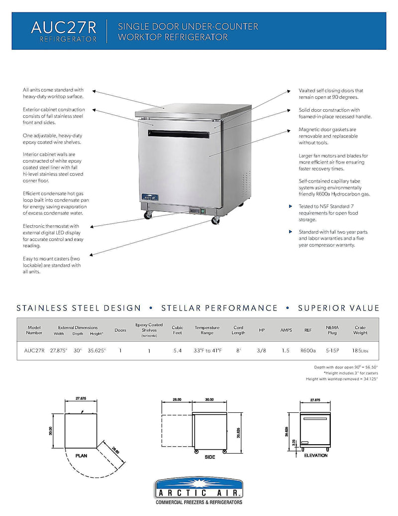 Arctic Air AUC27R 27" Under-counter Refrigerator Bakery Wholesalers
