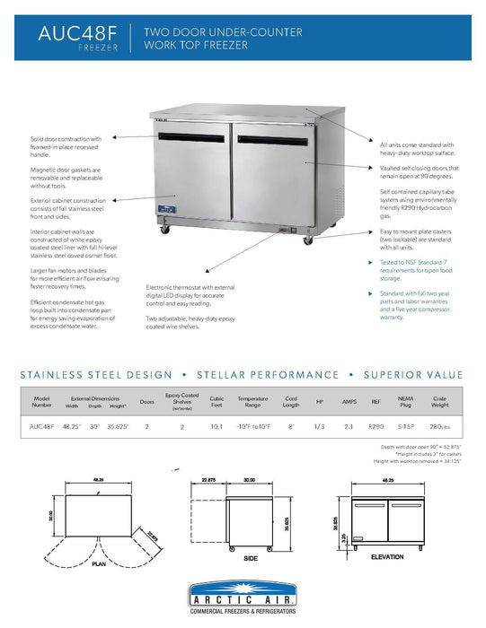 Arctic Air AUC48F 48" Under-counter Freezer Bakery Wholesalers