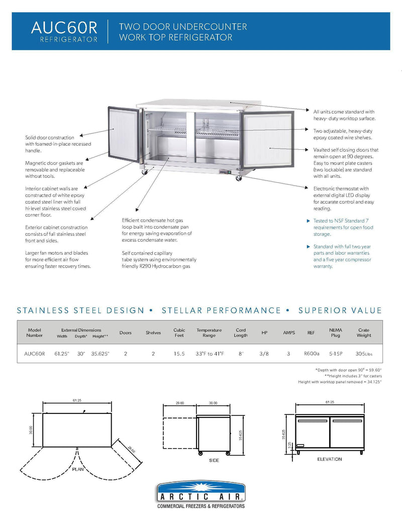 Arctic Air AUC60R 60" Undercounter Refrigerator Bakery Wholesalers