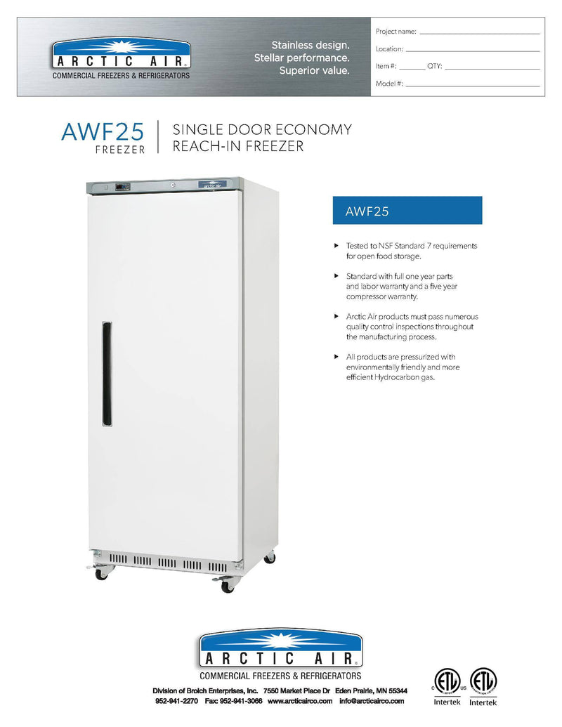 Arctic Air AWF25 White Single Door Reach In Freezer Bakery Wholesalers