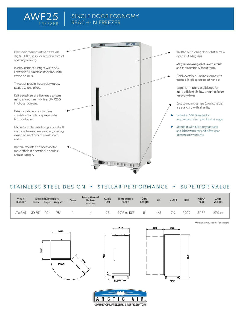 Arctic Air AWF25 White Single Door Reach In Freezer Bakery Wholesalers