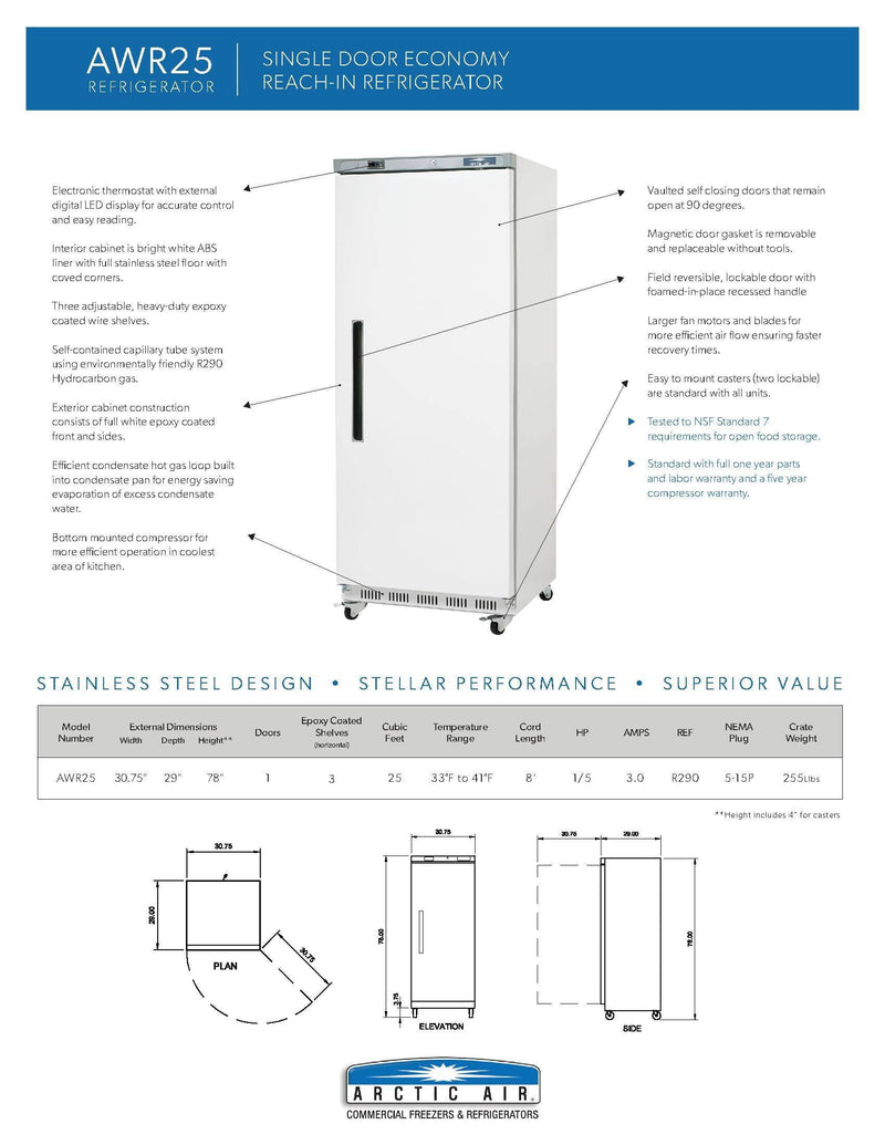 Arctic Air AWR25 White Single Door Reach In Refrigerator Bakery Wholesalers