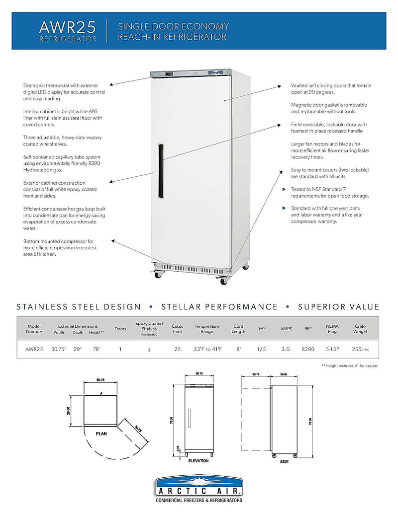 Arctic Air AWR25 White Single Door Reach In Refrigerator Bakery Wholesalers