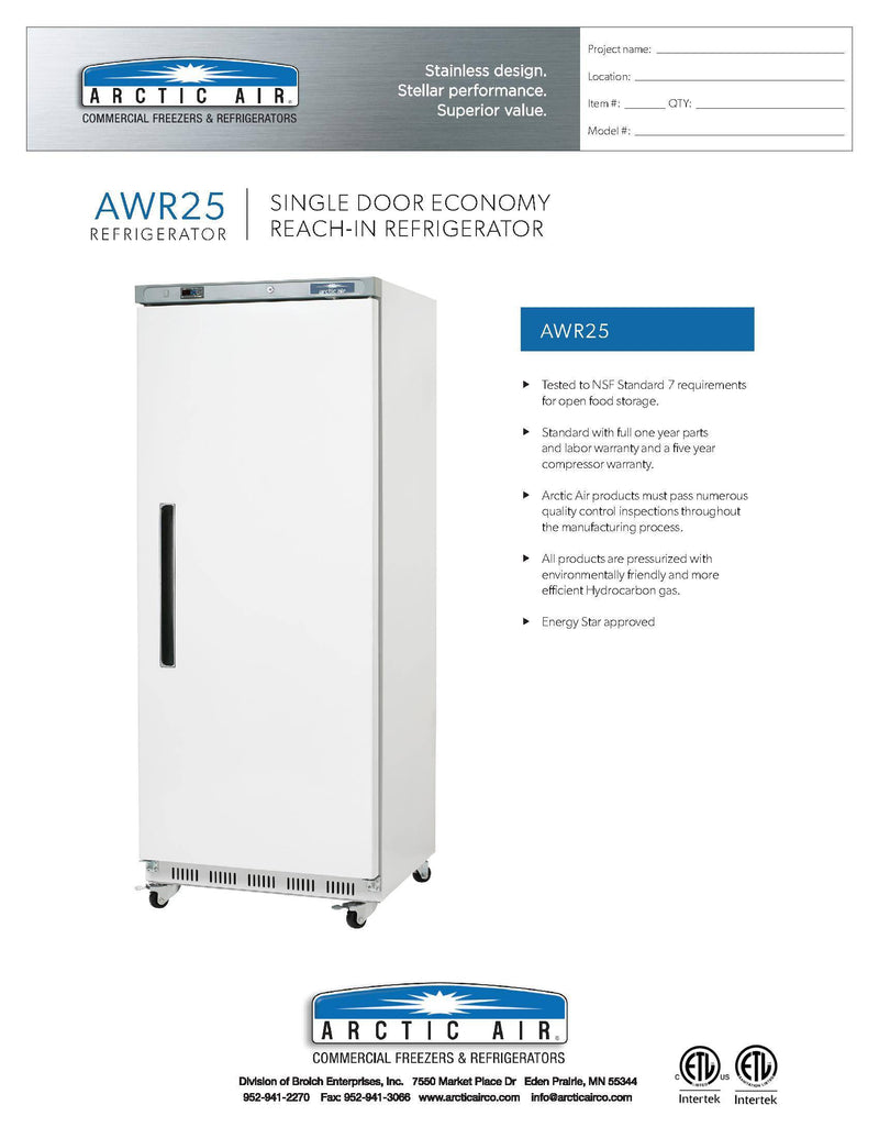 Arctic Air AWR25 White Single Door Reach In Refrigerator Bakery Wholesalers