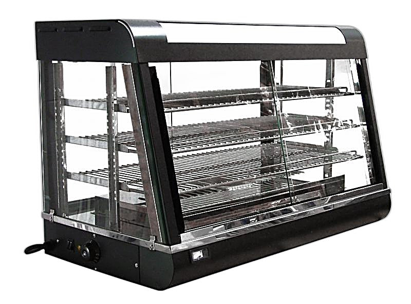 Omcan 36″ Countertop Display Warmer – 3-Shelf Heated Merchandiser Display Case with Sliding Doors, Self-Service & Full-Service Design, 1500W