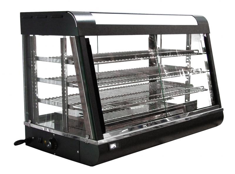 Omcan 36″ Countertop Display Warmer – 3-Shelf Heated Merchandiser Display Case with Sliding Doors, Self-Service & Full-Service Design, 1500W
