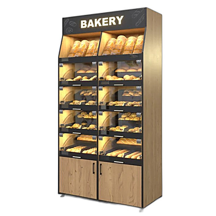 Palram Bakery Backwall Display System with Open Upper Compartments & Lower Storage – 40"W x 78"H x 20"D - Donut-Equipment.com