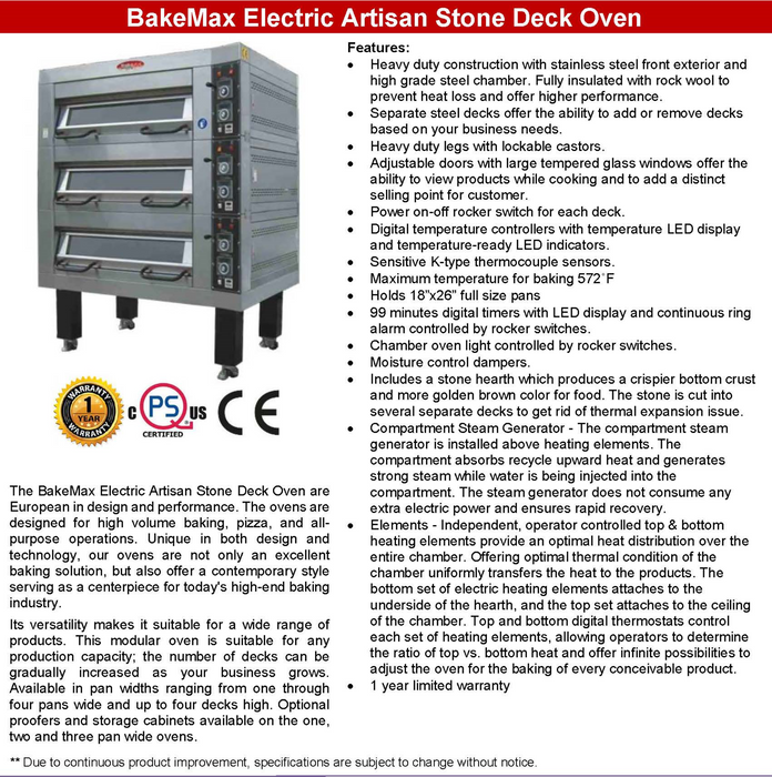 BakeMax Electric Artisan Stone Deck Ovens 3 Pan Wide