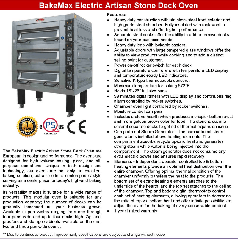 BakeMax Electric Artisan Stone Deck Ovens 4 Pan Wide, 1 to 4 decks Bakery Wholesalers