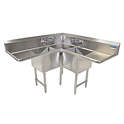 BK Resources Stainless Steel 3 Compartment Corner Sink w/ Dual 18" Drainboards – 18"L x 18"W x 14"D Bowls - Donut-Equipment.com
