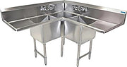 BK Resources Stainless Steel 3 Compartment Corner Sink w/ Dual 24" Drainboards – 18"L x 18"W x 14"D Bowls - Donut-Equipment.com