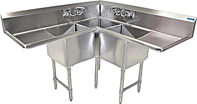 BK Resources Stainless Steel 3 Compartment Corner Sink w/ Dual 24" Drainboards – 18"L x 18"W x 14"D Bowls - Donut-Equipment.com