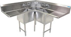 BK Resources Stainless Steel 3 Compartment Corner Sink w/ Dual 24" Drainboards – 24"L x 24"W x 14"D Bowls - Donut-Equipment.com