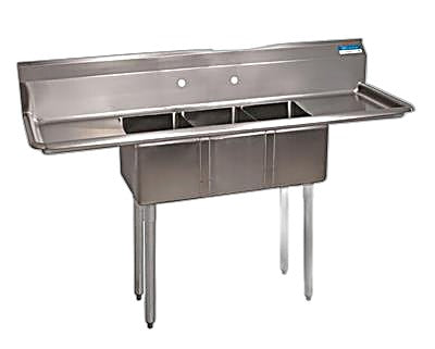 BK Resources Stainless Steel 3 Compartment Convenience Store Sink w/ Dual 12" Drainboards – 14"L x 10"W x 10"D Bowls - Donut-Equipment.com