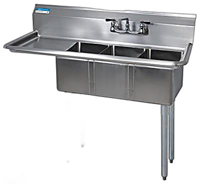 BK Resources Stainless Steel 3 Compartment Convenience Store Sink w/ 15" Left Drainboard – 14"L x 10"W x 10"D Bowls - Donut-Equipment.com
