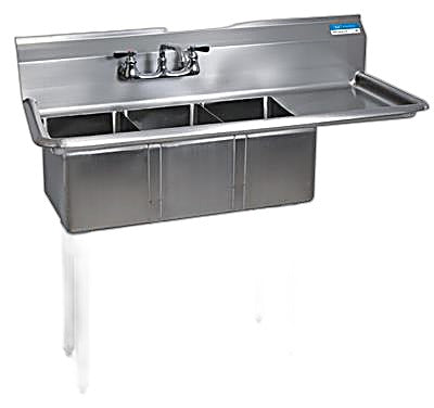 BK Resources Stainless Steel 3 Compartment Convenience Store Sink w/ 15" Right Drainboard – 14"L x 10"W x 10"D Bowls - Donut-Equipment.com