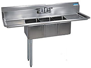 BK Resources Stainless Steel 3 Compartment Convenience Store Sink w/ Dual 15" Drainboards – 14"L x 10"W x 10"D Bowls - Donut-Equipment.com