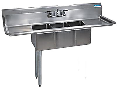 BK Resources Stainless Steel 3 Compartment Convenience Store Sink w/ Dual 15" Drainboards – 14"L x 10"W x 10"D Bowls - Donut-Equipment.com