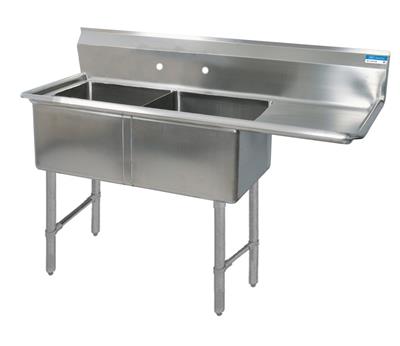 BK Resources Stainless Steel 2 Compartment Sink w/ 10" Riser & Right Drainboard – 24"L x 24"W x 14"D Bowls - Donut-Equipment.com