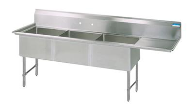 BK Resources Stainless Steel 3 Compartment Sink w/ 10" Riser & Right Drainboard – 20"L x 16"W x 14"D Bowls - Donut-Equipment.com