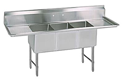 BK Resources Stainless Steel 3 Compartment Sink w/ 10" Riser & Dual Drainboards – 20"L x 16"W x 14"D Bowls - Donut-Equipment.com