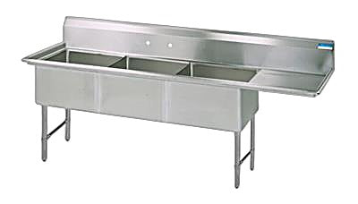 BK Resources Stainless Steel 3 Compartment Sink w/ 10" Riser & Right Drainboard – 18"L x 18"W x 14"D Bowls - Donut-Equipment.com