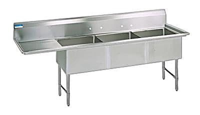 BK Resources Stainless Steel 3 Compartment Sink w/ 10" Riser & Left Drainboard – 24"L x 18"W x 14"D Bowls - Donut-Equipment.com