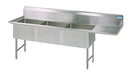 BK Resources Stainless Steel 3 Compartment Sink w/ 10" Riser & Right Drainboard – 24"L x 24"W x 14"D Bowls - Donut-Equipment.com