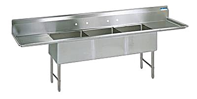 BK Resources Stainless Steel 3 Compartment Sink w/ 10" Riser & Drainboards – 24"L x 24"W x 14"D Bowls - Donut-Equipment.com