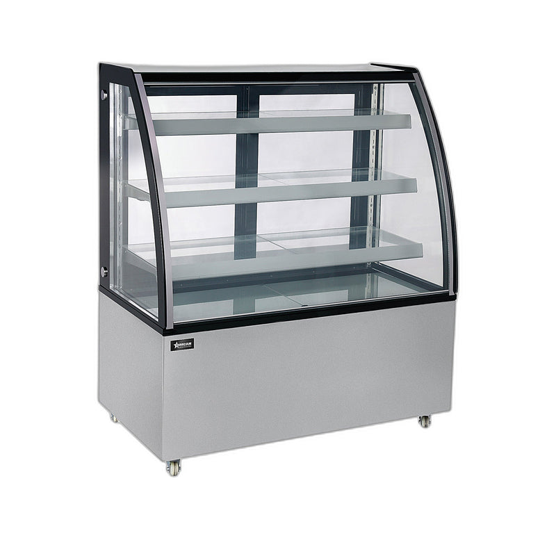 Omcan 48″ Curved Glass Floor Refrigerated Display Case – 14.83 Cu. Ft. (420L), Three-Shelf Stainless Steel Bakery & Merchandising Display Cooler