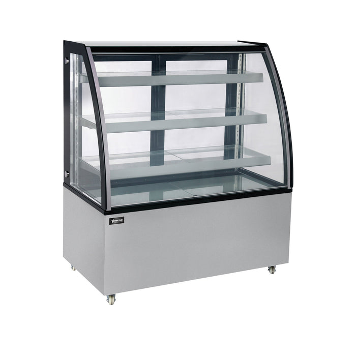 Omcan 48″ Curved Glass Floor Refrigerated Display Case – 14.83 Cu. Ft. (420L), Three-Shelf Stainless Steel Bakery & Merchandising Display Cooler